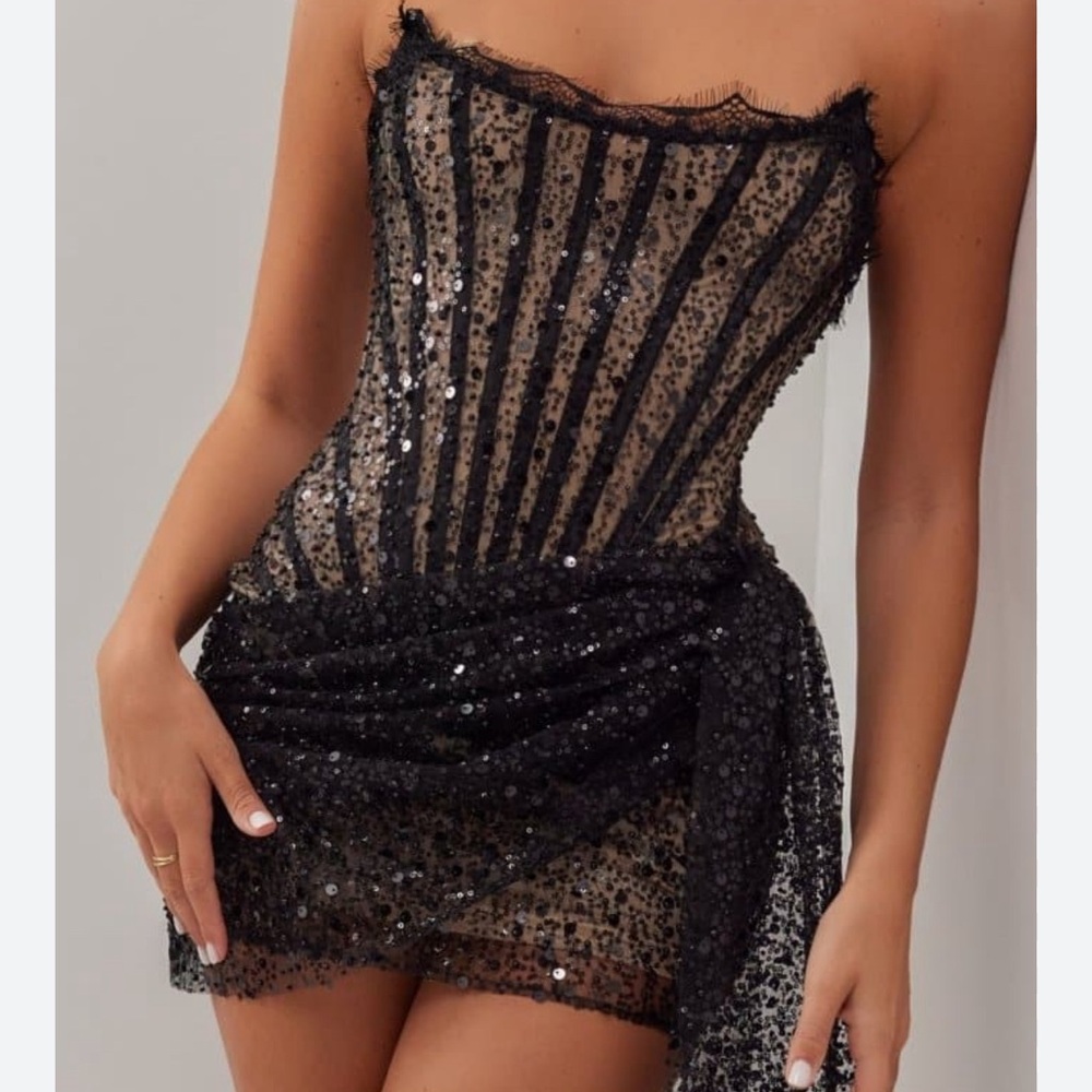 Heiress Beverly Hills Black Sequin Corset Draped Mini Dress